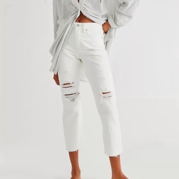 Levi's Denim - Levi’s Premium Wedgie Straight White Crop Distressed Raw Hem Button Fly Jeans SZ